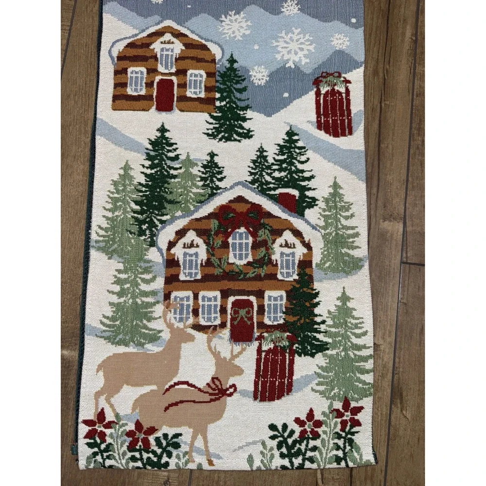 Christmas Cabin Snowflake Table Runner Winter Scene‎ Decor vintage holiday